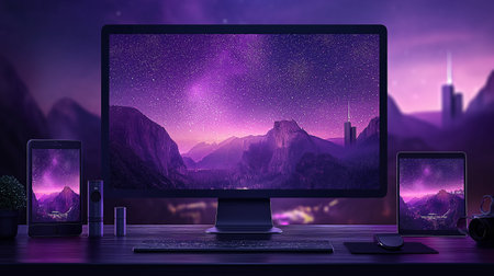 Modern computer monitor and laptop on wooden table. 3D Renderingの素材