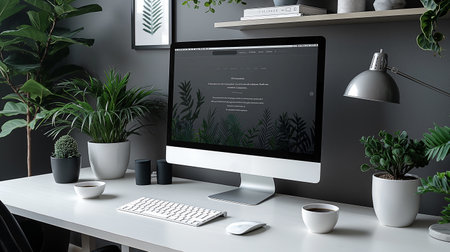 Modern workspace with computer, keyboard, coffee cup and houseplants. 3d rendering.の素材