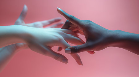 Close up of female hands touching each other with fingers on pink backgroundの素材