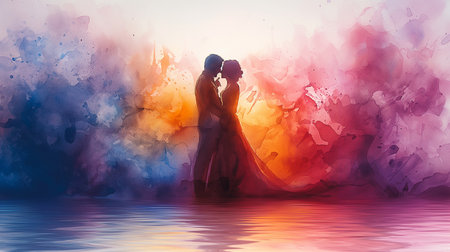 Romantic silhouette of a loving couple on a background of watercolor splashesの素材