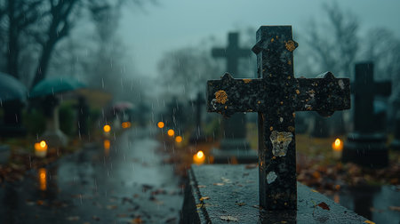 Graveyard in the rain. Halloween concept. Selective focus.の素材