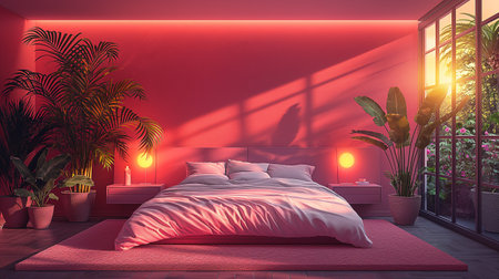 Bedroom interior. 3d illustration. Red and black tones.の素材