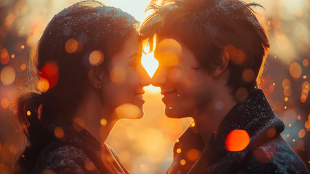 Young couple in love kissing each other in winter park at sunset.の素材