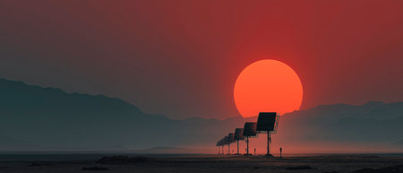 Solar panels in the desert at sunset. 3d render illustration.の素材