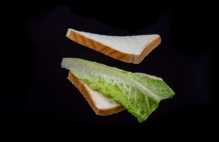 Sandwich with a green lettuce leaf on a black backgroundの写真素材