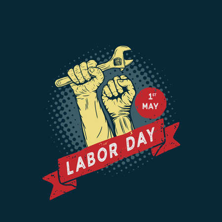 Labor Day design vector square banner with illustration hands holding wrench.のイラスト素材