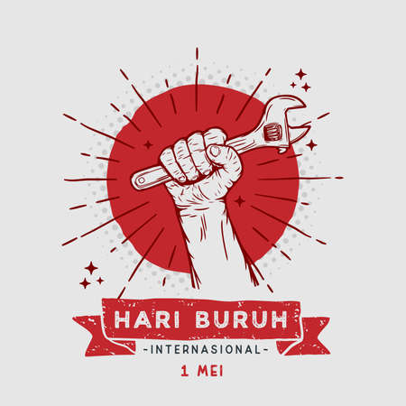 Vector square banner Hari buruh internasional with Illustration hands holding wrench.  translation "International Labor Day".のイラスト素材