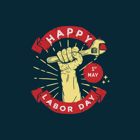 Labor Day design vector square banner with illustration hands holding wrench.のイラスト素材