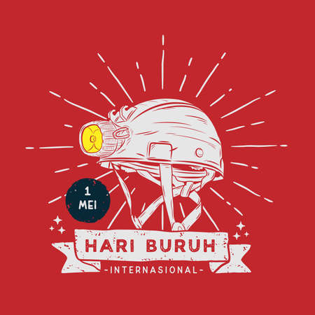Vector square banner Hari buruh internasional with Illustration safety helm.  translation "International Labor Day".のイラスト素材