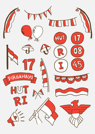 Handdraw Happy indonesia independence day doodle set. vector illustrationのイラスト素材