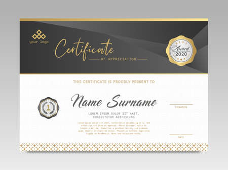 Modern Design Certificate. Black and Gold Certificate template awards diploma background vector modern design simple elegant and luxurious elegant. layout horizontal in A4 sizeのイラスト素材