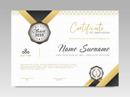 Modern Design Certificate. Black and Gold Certificate template awards diploma background vector modern design simple elegant and luxurious elegant. layout horizontal in A4 sizeのイラスト素材