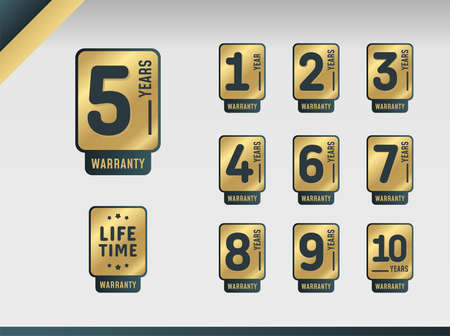 1, 2, 3, 4, 5, 6, 7, 8, 9, 10 years and lifetime warranty label set. Vector Design Illustration.
