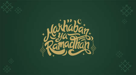 Marhaban Ya Ramadhan Greeting with hand lettering calligraphy and illustration.のイラスト素材