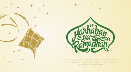 Marhaban Ya Ramadhan Greeting with hand lettering calligraphy and illustration.のイラスト素材