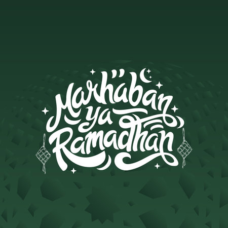 Marhaban Ya Ramadhan Greeting with hand lettering calligraphy and illustration. translation: "Welcome Ramazan, Muslim holy month". Islamic greeting background can use for Eid Mubarak square banner ads.のイラスト素材