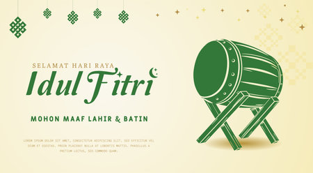Selamat Idul Fitri.Translation: Happy Eid Mubarak. Eid al-Fitr Greeting with hand lettering calligraphy and illustration. vector illustration.のイラスト素材
