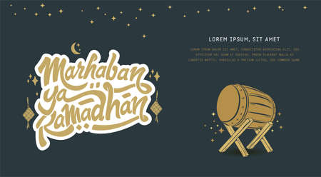 Marhaban Ya Ramadhan Greeting with hand lettering calligraphy and illustration. translation: "Welcome Ramazan, Muslim holy month". Islamic greeting background can use for Eid Mubarakのイラスト素材