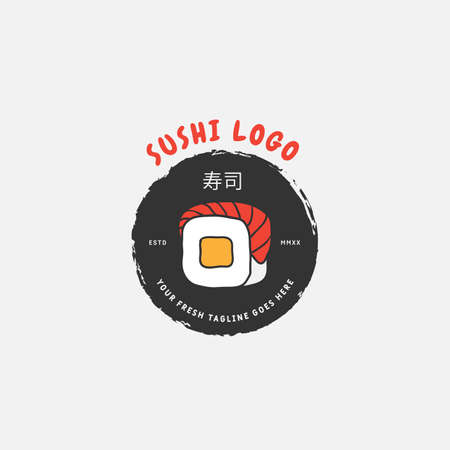 Sushi logo template. Japanese traditional cuisine, tasty food icon. japanese text translation "sushi". asian sushi bar vector logo.のイラスト素材