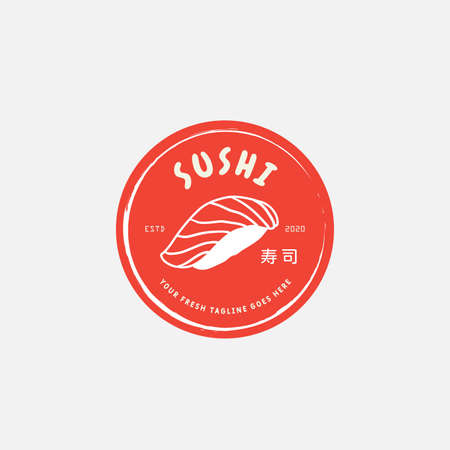 Sushi logo template. Japanese traditional cuisine, tasty food icon. japanese text translation "sushi". asian sushi bar vector logo.のイラスト素材