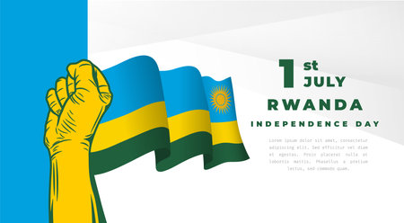 Banner illustration of Rwanda independence day celebration. Waving flag and hands clenched. Vector illustration.のイラスト素材