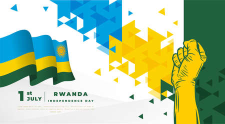 Banner illustration of Rwanda independence day celebration. Waving flag and hands clenched. Vector illustration.のイラスト素材