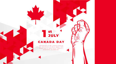 Banner illustration of Canada Day celebration. Waving flag and hands clenched. Vector illustration.のイラスト素材