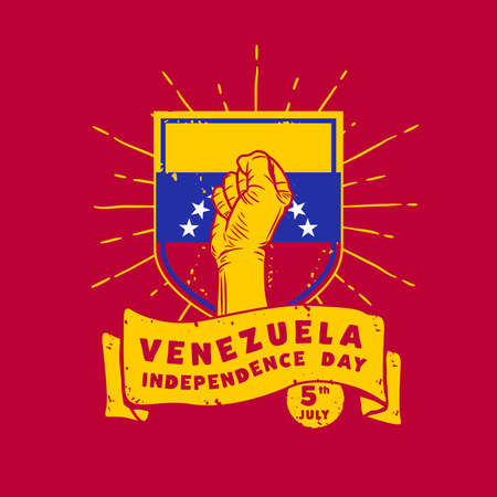 Square Banner illustration of Venezuela independence day celebration. Waving flag and hands clenched. Vector illustration.のイラスト素材