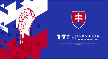 Banner illustration of Slovakia independence day celebration. Waving flag and hands clenched. Vector illustration.のイラスト素材