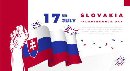 Banner illustration of Slovakia independence day celebration. Waving flag and hands clenched. Vector illustration.のイラスト素材