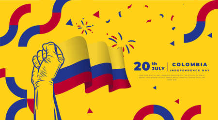 Banner illustration of Colombia independence day celebration. Waving flag and hands clenched. Vector illustration.のイラスト素材