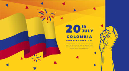 Banner illustration of Colombia independence day celebration. Waving flag and hands clenched. Vector illustration.のイラスト素材