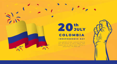 Banner illustration of Colombia independence day celebration. Waving flag and hands clenched. Vector illustration.のイラスト素材