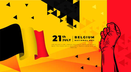 Banner illustration of Belgium National day celebration. Waving flag and hands clenched. Vector illustration.のイラスト素材