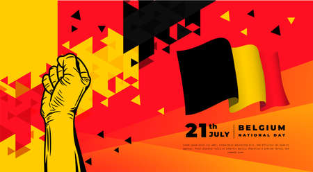 Banner illustration of Belgium National day celebration. Waving flag and hands clenched. Vector illustration.のイラスト素材