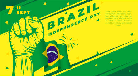Banner illustration of Brazil independence day celebration. Waving flag and hands clenched. Vector illustration.のイラスト素材