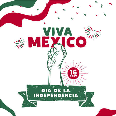 Square Banner illustration of Mexico independence day celebration. Translation: September 16, Long live Mexico, Independence Day! Waving flag and hands clenched. Vector illustration.のイラスト素材