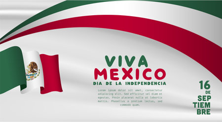 Banner illustration of Mexico independence day celebration. Translation: September 16, Long live Mexico, Independence Day! Waving flag and hands clenched. Vector illustration.のイラスト素材