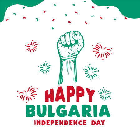 Square Banner illustration of Bulgaria independence day celebration. Waving flag and hands clenched. Vector illustration.のイラスト素材