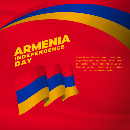 Square Banner illustration of Armenia independence day celebration. Waving flag and hands clenched. Vector illustration.のイラスト素材