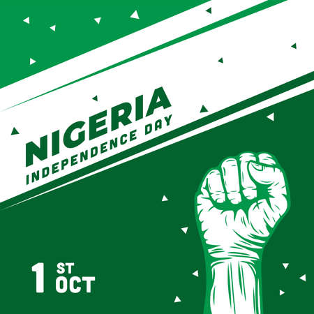 Square Banner illustration of Nigeria independence day celebration. Waving flag and hands clenched. Vector illustration.のイラスト素材