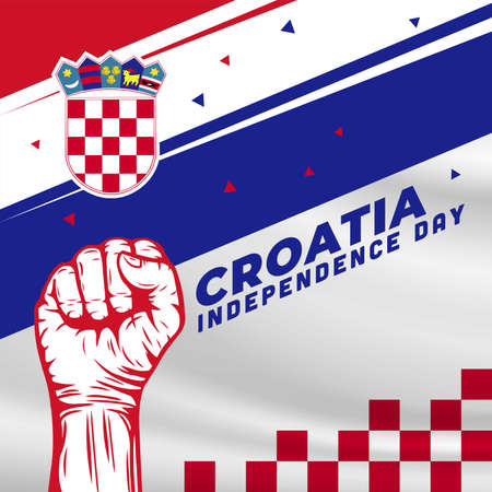 Square Banner illustration of Croatia independence day celebration. Waving flag and hands clenched. Vector illustration.のイラスト素材