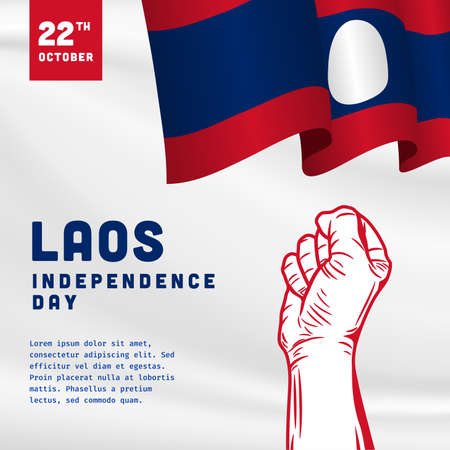 Square Banner illustration of Laos independence day celebration. Waving flag and hands clenched. Vector illustration.のイラスト素材
