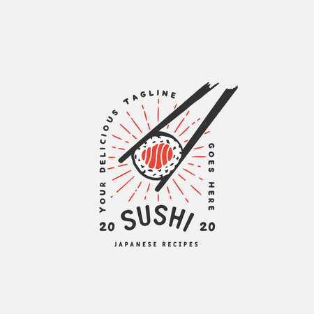 Sushi logo template. Japanese traditional cuisine, tasty food icon. japanese text translation "sushi". asian sushi bar vector logo.のイラスト素材