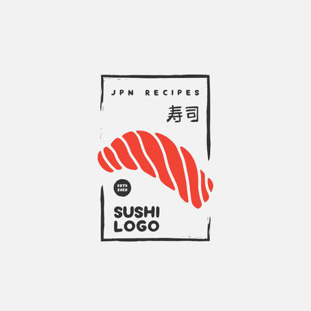 Sushi logo template. Japanese traditional cuisine, tasty food icon. japanese text translation "sushi". asian sushi bar vector logo.のイラスト素材