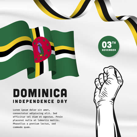 Square Banner illustration of Dominica independence day celebration. Waving flag and hands clenched. Vector illustration.のイラスト素材
