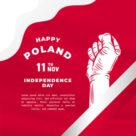Square Banner illustration of Poland independence day celebration. Waving flag and hands clenched. Vector illustration.のイラスト素材