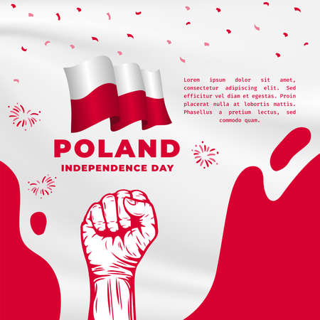 Square Banner illustration of Poland independence day celebration. Waving flag and hands clenched. Vector illustration.のイラスト素材
