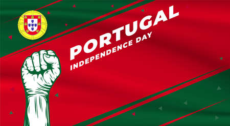 Banner illustration of Portugal independence day celebration with text space. Waving flag and hands clenched. Vector illustration.のイラスト素材