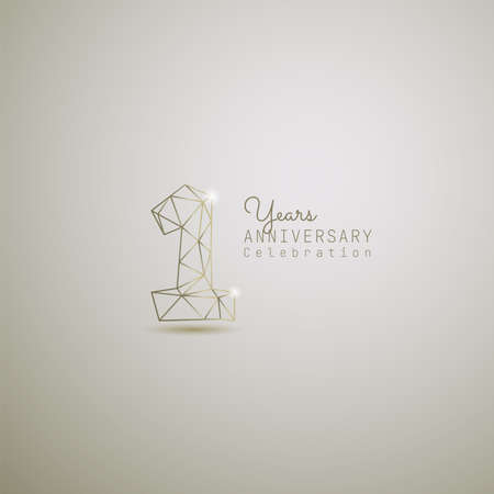 1 year anniversary logotype with gold wireframe low poly style. Vector Template Design Illustration.のイラスト素材